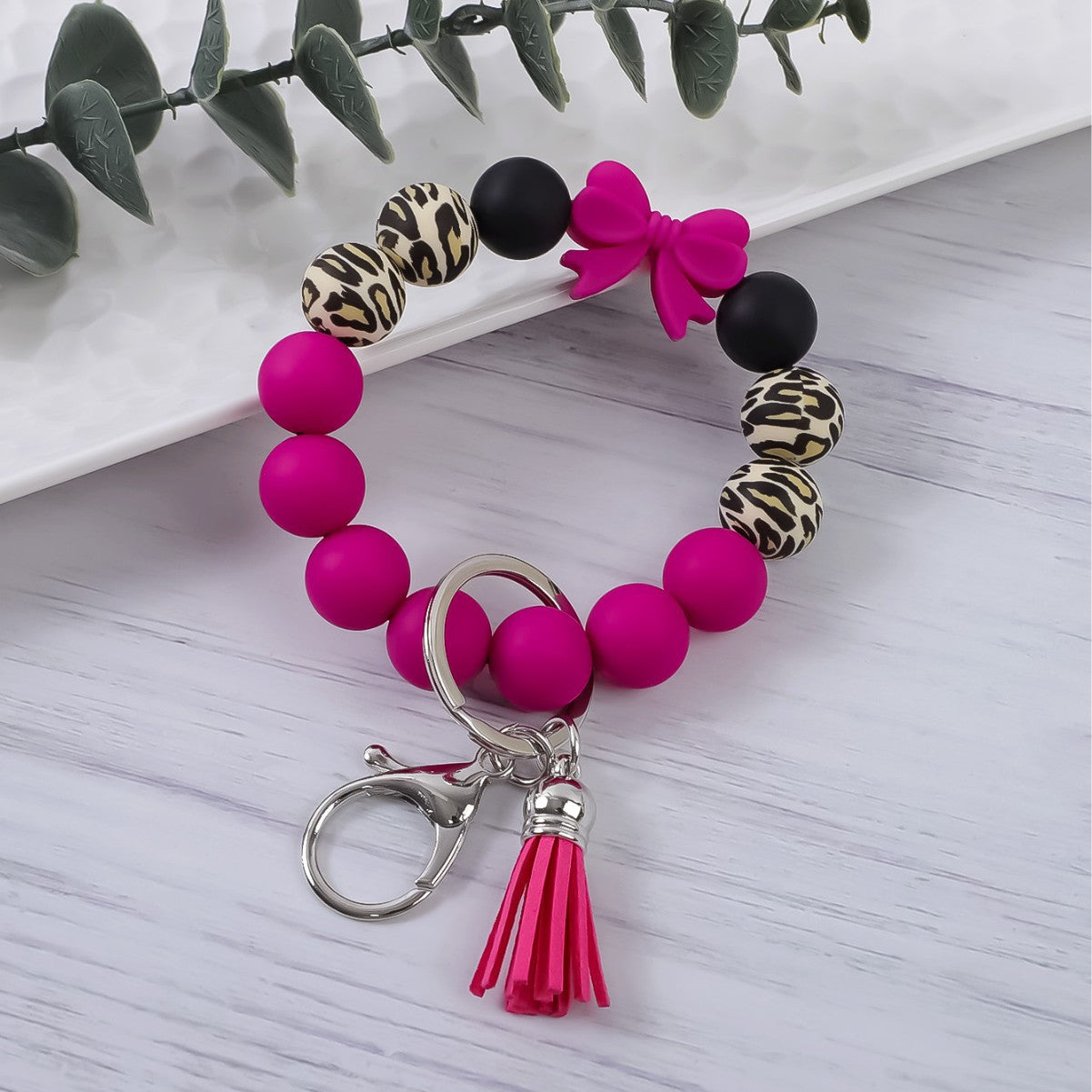Wholesale Colorful Bow Leopard Print Silicone Beaded Tassel Bracelet Keychain